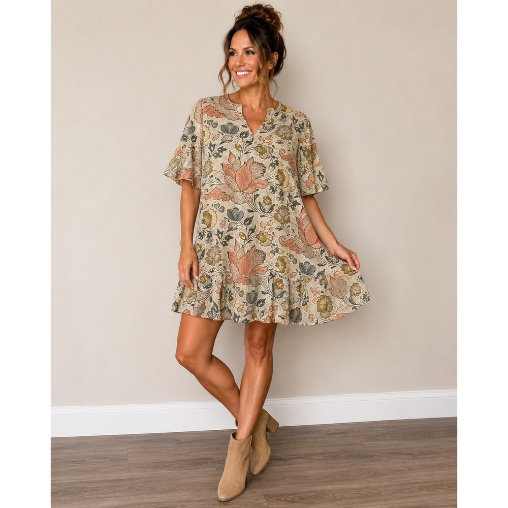 Loft‎ Petites Floral Paisley Metallic Clip Dot Ruffle Hem Shift Dress SP Small